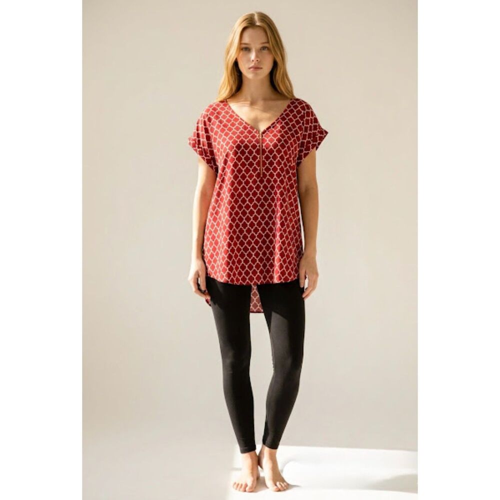 Red Zip-Front High-Low Tunic Top